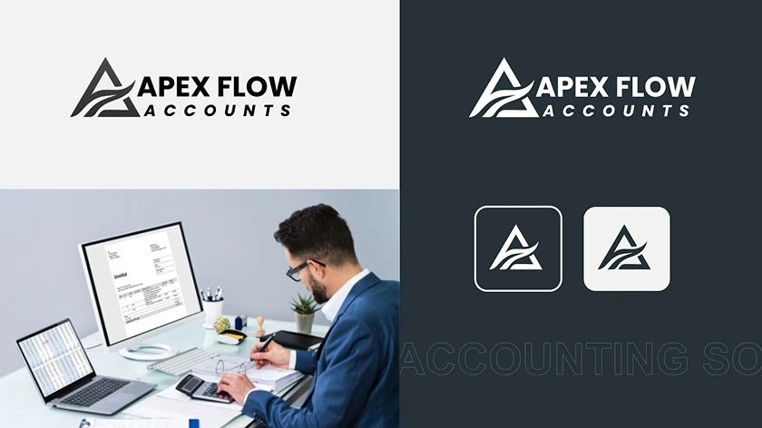 Branding and logo design concept banner for Apex Flow Accounts, crafted by My Digital Solutions – The Global Tech Hub®, the flagship digital brand of The MDS Group Global Ltd, at MediaCityUK, Salford, Greater Manchester, UK, demonstrating a modern brand identity, creative design approach, and professional visual branding.