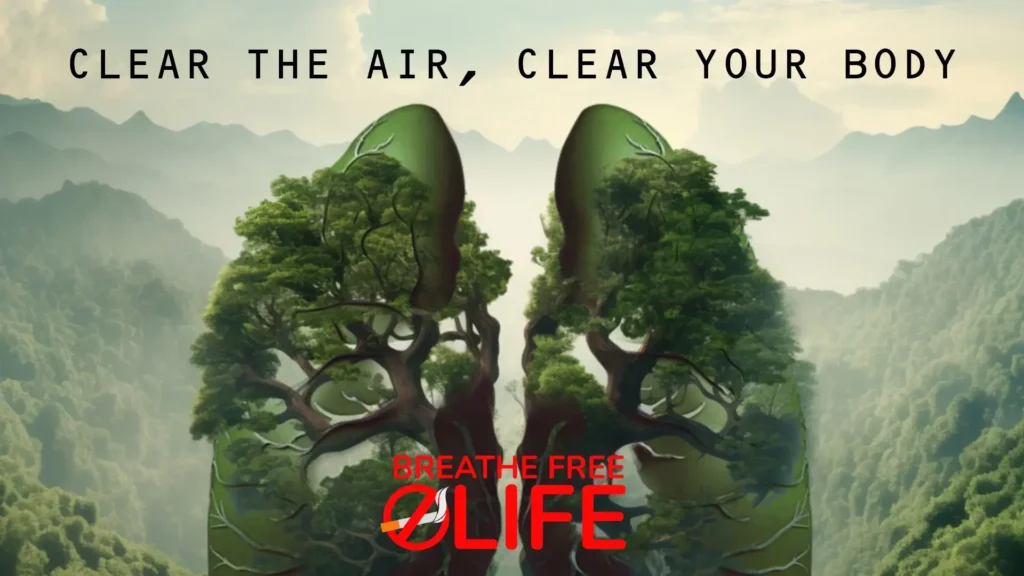 Breathe Free Life anti-smoking logo with no smoking symbol in bold typography.