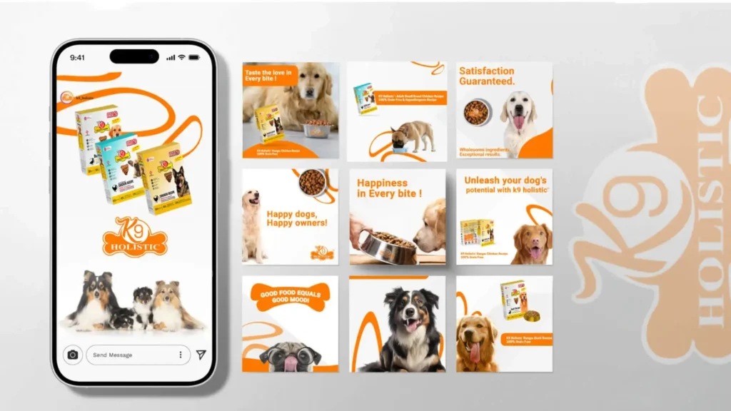 Instagram mockup of K9 Holistic® Pet Foods social media posts displayed on an iPhone, created by My Digital Solutions – The Global Tech Hub®, part of The MDS Group Global Ltd, MediaCityUK, Salford, Greater Manchester, UK. The posts showcase bold visuals of premium grain-free, hypoallergenic dog food packaging, holistic nutrition messages, and promotional campaigns, designed for high engagement and consistent brand storytelling.