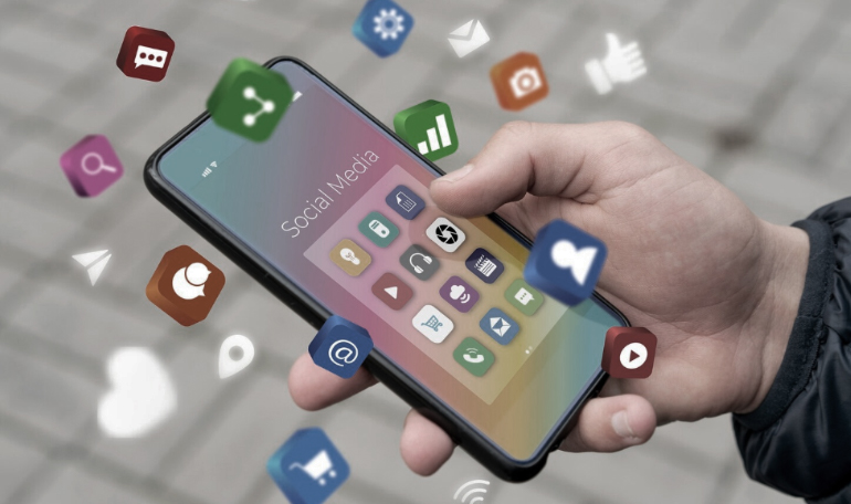 My Digital Solutions – The Global Tech Hub® UK: Social media marketing graphic representing Facebook, Instagram, LinkedIn, and Twitter campaigns, with content creation, paid ads, audience engagement, and strategic digital promotion services to boost brand visibility and business growth.