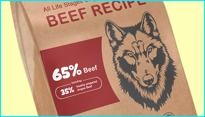 Close-up of Barekmor® Pet Foods’ most popular Beef Recipe packaging, featuring a bold wolf head illustration and clear USP messaging: 65% total beef with 35% freshly prepared Angus Beef. Designed by My Digital Solutions – The Global Tech Hub®, part of The MDS Group Global Ltd, MediaCityUK, Salford, Greater Manchester, UK. Highlights grain-free, hypoallergenic, UK-made premium nutrition.