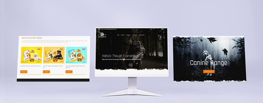 Main pages and features of the K9 Holistic® Pet Foods website displayed on screen, designed and developed by My Digital Solutions – The Global Tech Hub®, part of The MDS Group Global Ltd, based in MediaCityUK, Salford, Greater Manchester, UK. The site highlights premium hypoallergenic, grain-free dog food made in the UK with British farmer-sourced ingredients, nutritionist-formulated recipes, and vet-approved holistic diets, supported by a modern responsive design with easy navigation for customers.