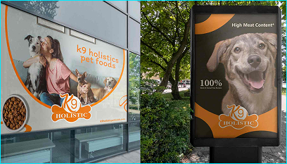 Banner and billboard marketing designs created for K9 Holistic® Pet Foods by My Digital Solutions – The Global Tech Hub®, part of The MDS Group Global Ltd, based in MediaCityUK, Salford, Greater Manchester, UK. The promotional visuals showcase the brand’s holistic, grain-free, and hypoallergenic dog food, formulated by nutritionists and vet approved, using UK-sourced ingredients, presented with bold, modern graphics for high street and outdoor advertising.