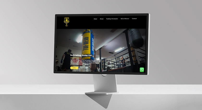 Perth Railway Boxing Club website displayed on a desktop screen, a successful web design and development project delivered by My Digital Solutions – The Global Tech Hub®, MediaCityUK, Salford, Greater Manchester, UK, enhancing online presence, usability, and SEO.