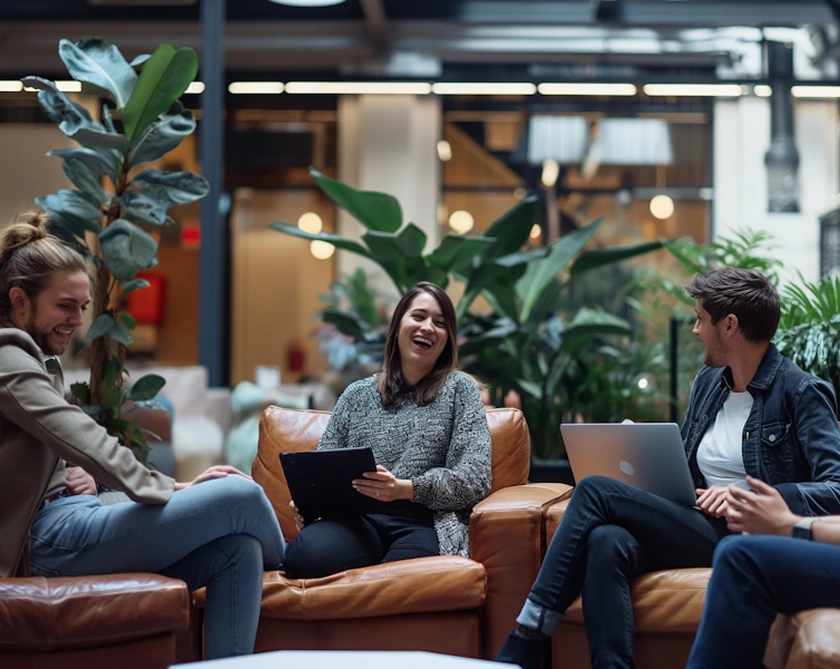 My Digital Solutions – The Global Tech Hub® team in MediaCityUK, Salford, Greater Manchester, laughing together during a collaborative discussion about the Perth Railway Boxing Club website project.