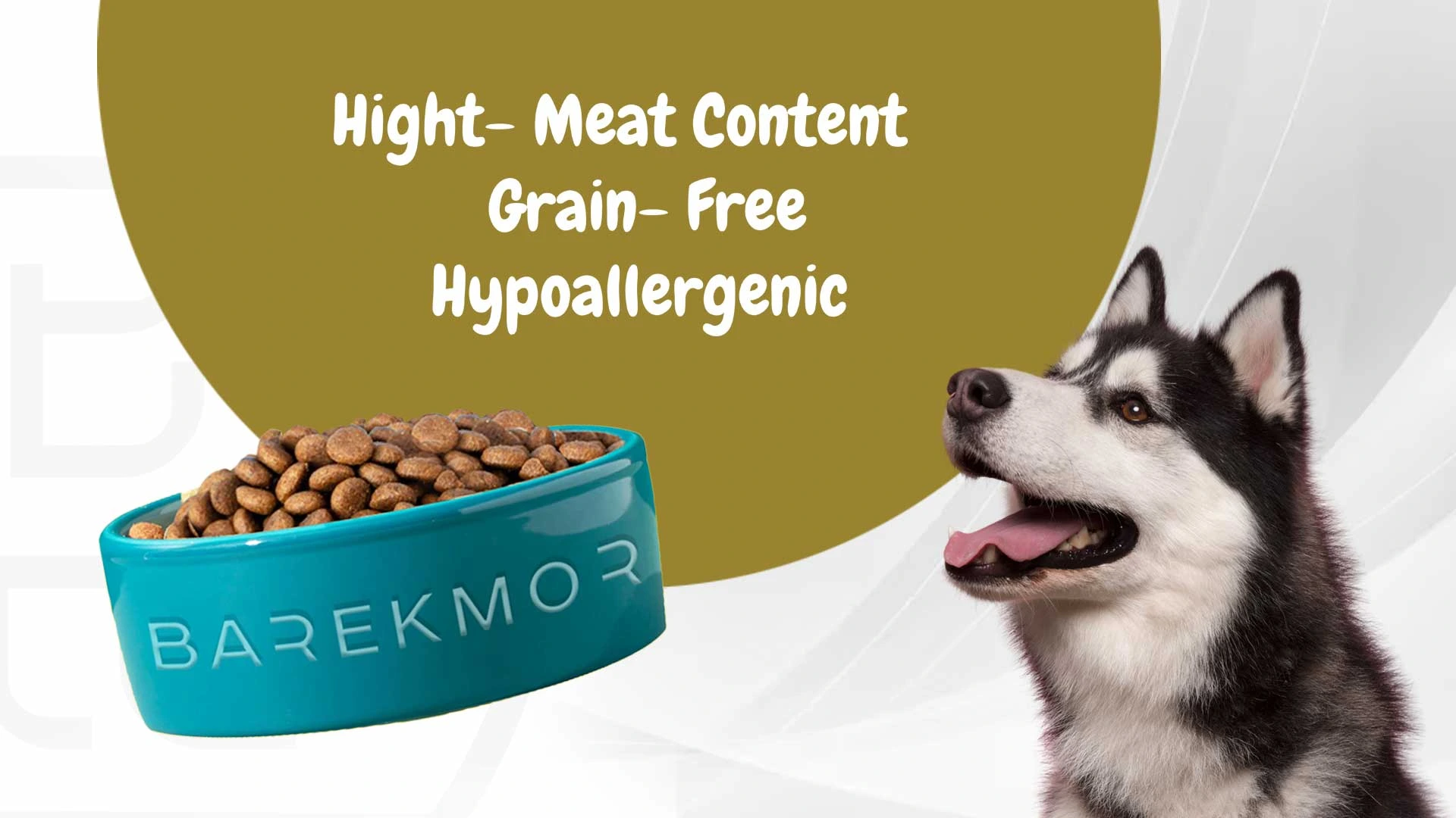 Side view of a smiling, healthy Husky looking at a branded Barekmor® dog food bowl filled with food, with overlay text reading “High-Meat Content, Grain-Free, Hypoallergenic.” Created by My Digital Solutions – The Global Tech Hub®, part of The MDS Group Global Ltd, MediaCityUK, Salford, Greater Manchester, UK. Highlights premium UK-made pet nutrition.