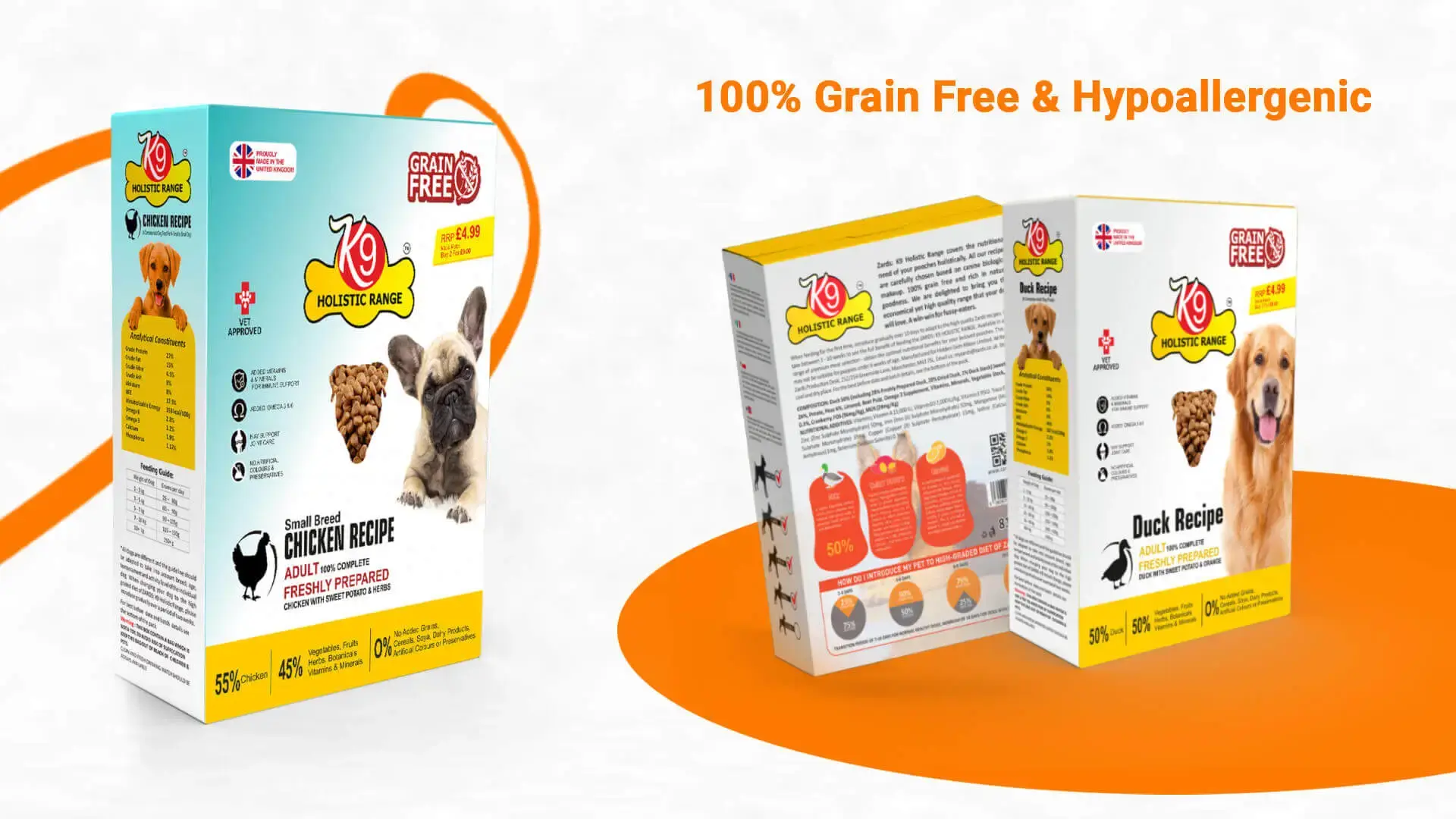 K9 Holistic® Pet Foods package branding and design created by My Digital Solutions – The Global Tech Hub®, part of The MDS Group Global Ltd, MediaCityUK, Salford, Greater Manchester, UK. The packaging is designed to be highly effective and noticeable on retail shelves, clearly highlighting the brand’s USPs – premium grain-free, hypoallergenic recipes, nutritionist formulated, vet approved, and made in the UK with British farmer-sourced ingredients.