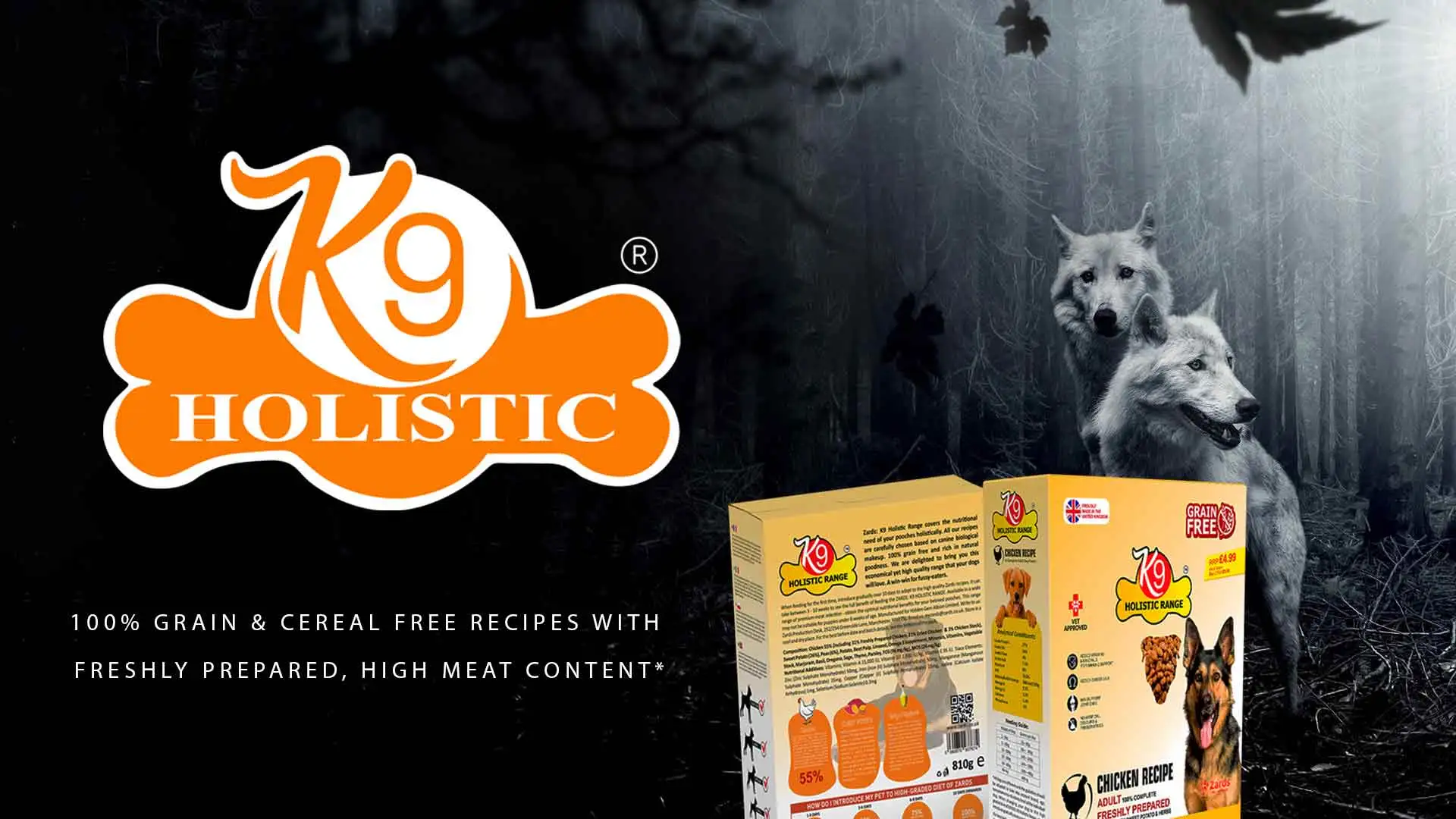 K9 Holistic® Pet Foods marketing banner featuring the brand logo and packaging designs, created by My Digital Solutions – The Global Tech Hub®, part of The MDS Group Global Ltd, based in MediaCityUK, Salford, Greater Manchester, UK. The design showcases premium grain-free, hypoallergenic dog food made with British farmer-sourced ingredients, nutritionist formulated and vet approved, promoting the brand’s identity and product range through modern, eye-catching visuals.