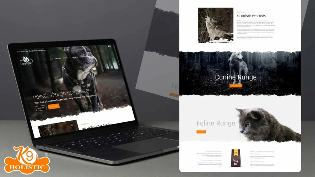 K9 Holistic® Pet Foods website design displayed on a laptop, created by My Digital Solutions – The Global Tech Hub®, part of The MDS Group Global Ltd, MediaCityUK, Salford, Greater Manchester, UK. The responsive design highlights key features including premium grain-free and hypoallergenic dog food ranges, nutritionist-formulated and vet-approved recipes, UK-sourced ingredients, and a clean, user-friendly interface for easy navigation.