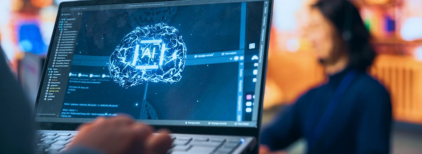 Laptop displaying an artificial intelligence neural network interface, representing advanced AI integration and machine learning by My Digital Solutions UK.