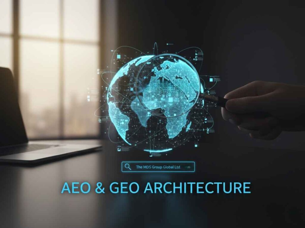 Strategic digital architecture for AEO and GEO audits by The MDS Group Global Ltd, featuring a glowing holographic globe under a magnifying glass to symbolize deep AI search visibility and discovery consulting.
