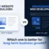 Split-screen infographic comparing AI website builders (left) and professional web development (right), with a VS circle and a question about long-term growth on the bottom text.